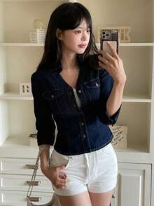 DAZY Women's Turn-Down Collar Washed Elegant Korean Style Casual Denim Top Fall - Blue - View 9