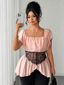 SHEIN Clasi Women's Ruffle Ruffle Lace Patchwork Asymmetrical Hem Chiffon Flowy Blouse For Vacation, Date Going Out And Party Red Summer Elegant Celestial - Dusty Pink - View 8