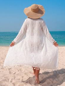 Swim Vcay Women's Long Cover Up With Detachable Belt Music Festival Beach Vacation Seaside Outfit White Summer European Jamaican - White - View 3