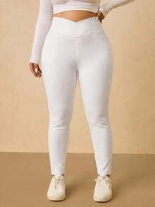 SHEIN Tall CURVE 大尺碼女款休閒百搭日常穿著牛仔褲，附口袋 - 白色 - 查看 3