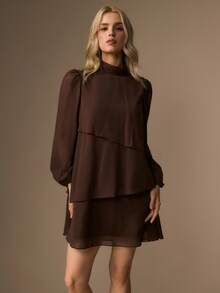 COSMINA Women Brown Boho Ruffle Tiered Mini Dress, Long Sleeve Lantern Sleeve Bohemian Dress, Flowy Dress - Brown - View 3