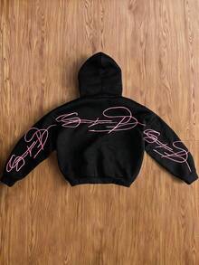 Manfinity Hypemode Men's White Creative Text Graphic Embroidered Metal Zipper Hoodie, Black - Black - View 2