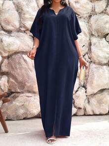 SHEIN Lady Robe Kaftan à manches chauve-souris ajourées verte Automne/Hiver Grande Taille Tenue de Vacances Femme Vêtement de Plage Robe de Vacances à la Plage Robe d'Invitée de Mariage Tenue Décontractée Professionnelle Vêtement Femme Robe de Soirée - Bleu marine - Voir 1