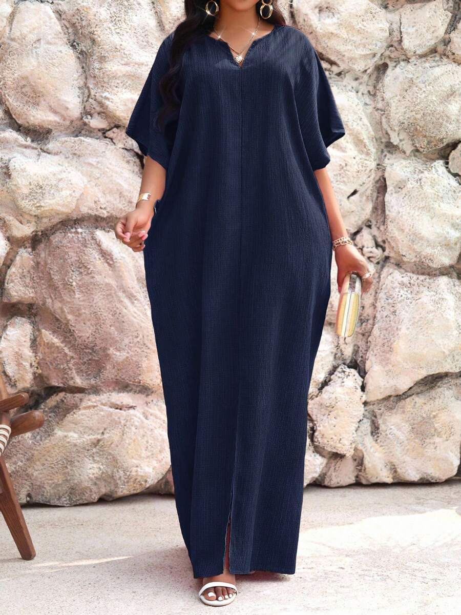SHEIN Lady Robe Kaftan à manches chauve-souris ajourées verte Automne/Hiver Grande Taille Tenue de Vacances Femme Vêtement de Plage Robe de Vacances à la Plage Robe d'Invitée de Mariage Tenue Décontractée Professionnelle Vêtement Femme Robe de Soirée - Bleu marine - Voir 1