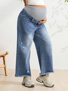 SHEIN Maternity Casual Loose Fit Washed Distressed Straight Leg Jeans Winter Holiday Outfits For Women, Baby Shower Beach Formal Gender Reveal Blue - Medium Wash - View 7