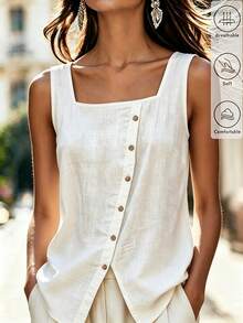SHEIN Holidaya Women's Summer Casual Vacation White Square Neck Asymmetric Button Slit Textured Sleeveless Tank Top, Single-Breasted Asymmetrical Hem Blouse, Square Neck Asymmetric Button Tank, Slit Hem Shirt, Elegant, Fresh, Fashionable, Romantic, High-End, Urban Street Style, Daily Dating, Afternoon Tea Gathering, Vacation Travel, Romantic Party, Daily, Beach, Women's Elegant Top, Women's Summer Shirt, White Casual Shirt, Versatile, Commute, Meeting, Business Negotiation, Daily Office, Evening Party, Graduation Ceremony, Urban Teacher Professional Attire - White - View 6