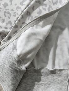 SHEIN 2件組 青少年女孩灰色豹紋連帽拉鍊運動衫套裝，秋冬款 - 灰色 - 查看 6