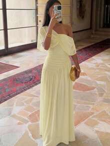 Aloruh Women's Elegant Solid Color Asymmetrical Collar Long Dress Vacation Pale Yellow Summer - Light Yellow - View 2