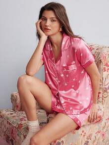Elorette Imitated Silk Heart Print Short Sleeve Top And Shorts Pajamas Set - Hot Pink - View 6