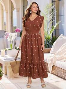 Rosumi Vestido de mujer talla grande para verano, casual, de vacaciones, con estampado floral campestre, color marrón, con volantes en el bajo, para salir, playa, fluido, otoño - Óxido marrón - Ver 8