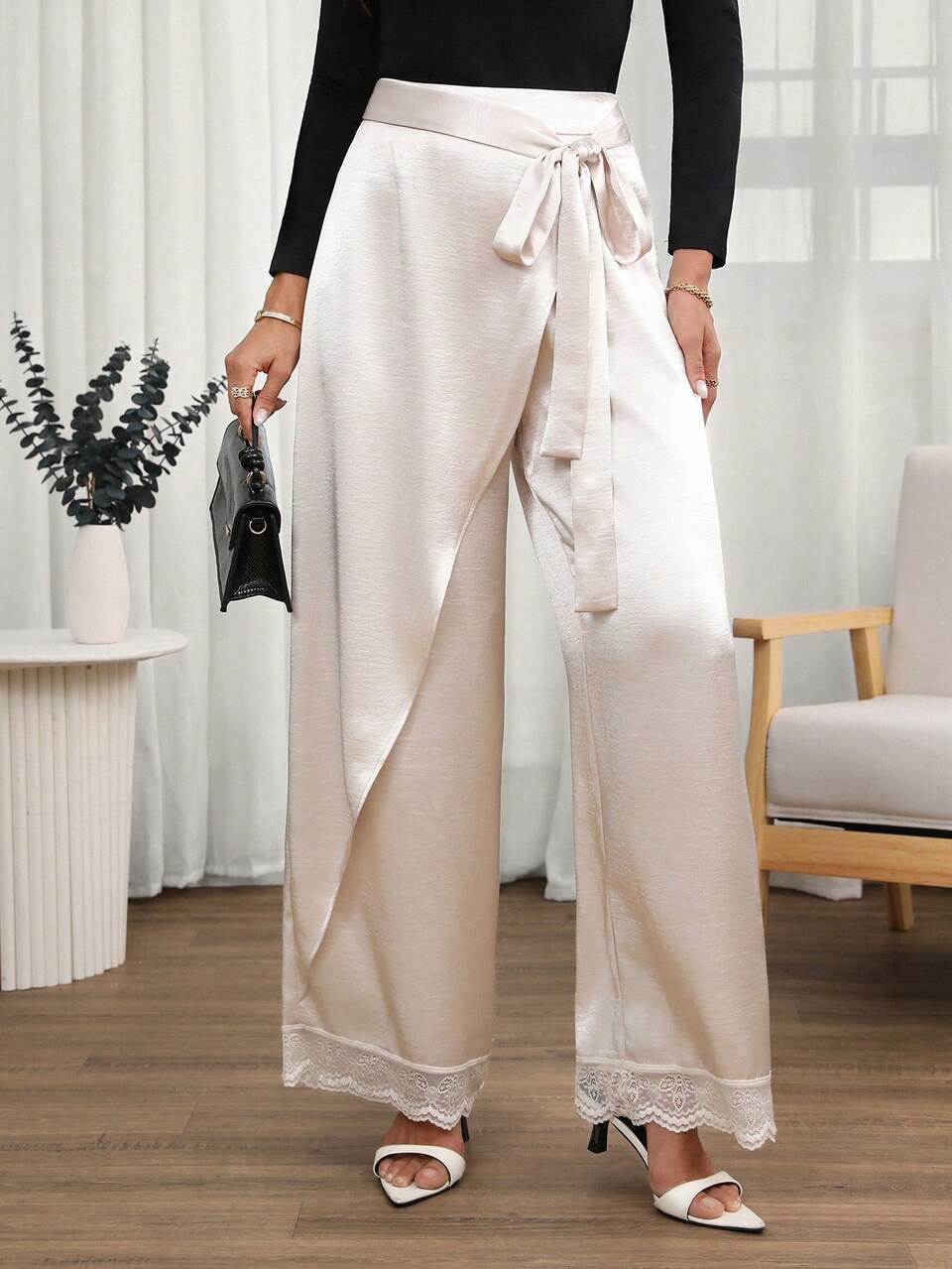 Elegant Pants For Women,Women's Solid Color Side Waist Knot Wide Leg Elegant Suit Pants.White Pants,Work Outfits For Women