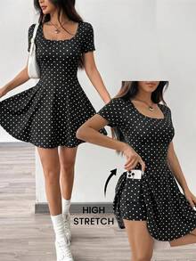 SHEIN EZwear Damen Lässig Süß Schwarz-Weißes Polka-Dot Kleid für Sommer Date Alltag - Schwarz und Weiss - Übersicht 2