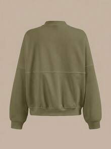 SHEIN BASICS Chaqueta holgada de punto de unicolor con cuello alto y manga larga para mujer, ropa de otoño e invierno - Verde militar - Ver 7