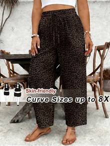 SHEIN CURVE+ 大尺碼女款豹紋寬鬆休閒長褲，附腰部綁帶 - 彩色 - 查看 1