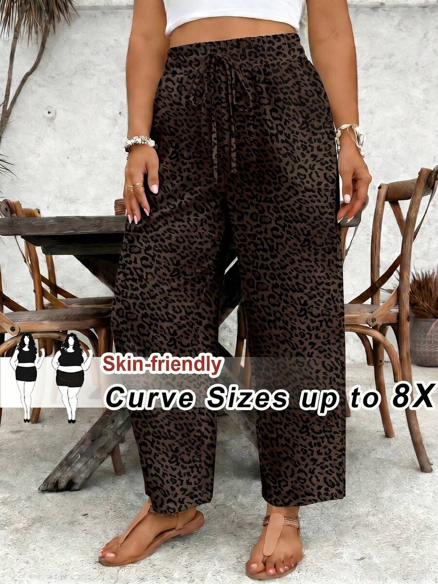SHEIN CURVE+ 大尺碼女款豹紋寬鬆休閒長褲,附腰部綁帶 - 彩色 - 查看 1