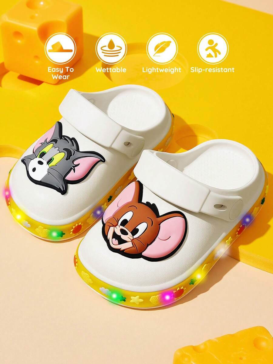 TOM & JERRY X SHEIN 卡通貓兒童涼鞋 LED發光洞洞鞋 輕量耐用EVA材質 夏季沙灘拖鞋 適合幼童 - 米色 - 查看 1