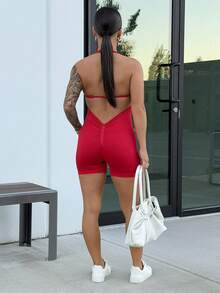 SAYEHFBABY Seamless Knit Halter Backless V-Waist Adjustable Strap Women Sports Jumpsuit - Red - View 2