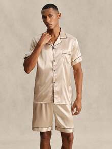 EverLounge 男士對比色鑲邊家居服套裝,柔軟面料 - 香檳色 - 查看 5