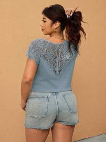 Elaquor Plus Size Women Solid Color Contrast Lace Raglan Short Sleeve Fashion T-Shirt - Baby Blue - View 7