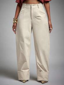 Vixey High Waist Fold Over Cuffed Hem Barrel Leg Trousers - Beige - View 1