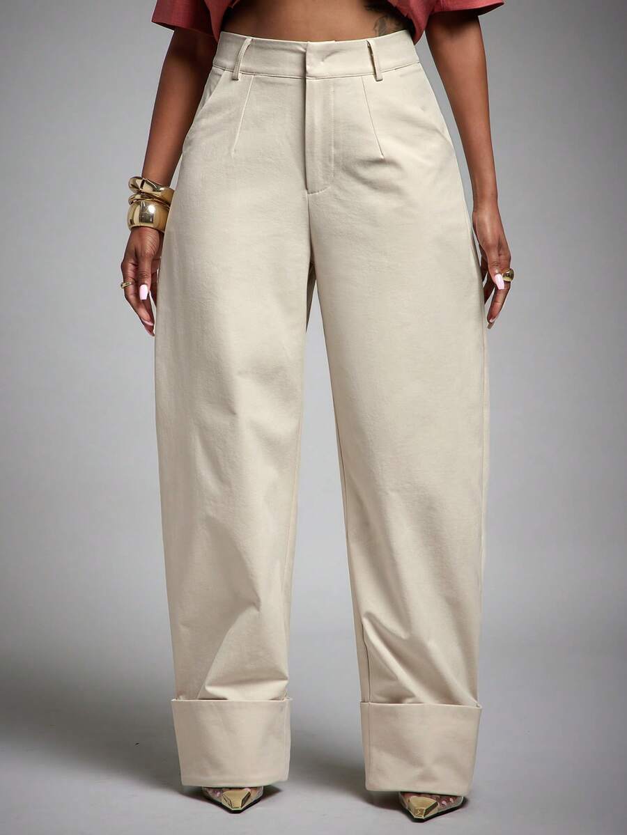 Vixey High Waist Fold Over Cuffed Hem Barrel Leg Trousers - Beige - View 1