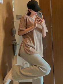DAZY 女士纯色圆领侧开衩下摆休闲宽松短袖T恤 夏季 - 咖啡棕 - 查看 3