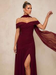 Lumalex Elegant Gray Minimalist Off Shoulder Ruched Asymmetric A-Line High Slit Dress, Suitable For Weddings, Formal Events, Galas, And Cocktail Parties Party - Burgundy - View 2