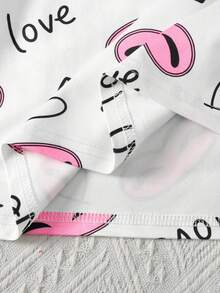 SHEIN 青少年女孩夏季休閒簡約趣味圖案滿版印花短袖T恤與短褲兩件套，居家服套裝，適合春夏日常休閒穿著 - 淺粉色 - 查看 6