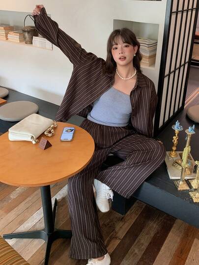 Dazy Plus Brown Western Style Vacation Striped Denim Effect Linen Material Loose Minimalist Spring/Autumn 2 Pieces Set
