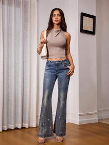 SHEIN 女款休閒 Y2K 百搭日常穿著鈕扣口袋喇叭牛仔褲 夜店風 水藍色 夏季 - 淺色水洗藍 - 查看 7