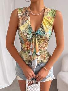Femesol Top de tirantes con cuello en V, volantes y estampado de leopardo & cebra patchwork para mujer - Multicolor - Ver 6