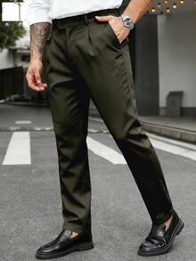 Manfinity Mode 男士大尺碼純色百褶直筒通勤西裝長褲 - 軍綠色 - 查看 4