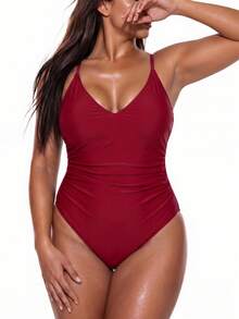 Oceva 2026 Spring/Summer New Plus Size One-Piece Solid Color Ruched Women's Swimsuit - Red - View 3