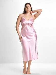 Slumbrini Set de 2 piezas de bata y camisón de pijama con parches de encaje de lujo, talla grande - Rosa - Ver 3