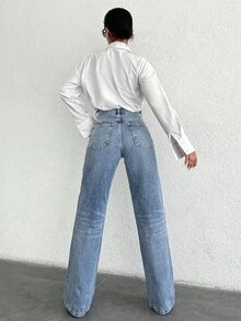 RueChic Quần Jeans Denim Ống Thẳng Khóa Kéo 100% Cotton - Màu xanh lam - Xem 7