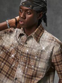 NEON BLANC Men's Summer Fashion Plaid Rhinestone Denim Jacket - Brown - View 5