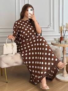 Al Najma Plus Size Women's Chiffon Flowy Round Neck 3/4 Sleeve Polka Dot Comfortable Elegant Romantic Arabian Dress - Coffee Brown - View 9
