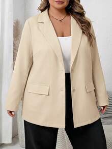 SHEIN CURVE+ 大尺碼女款純色翻領長袖單排扣休閒西裝外套 - 杏色 - 查看 4