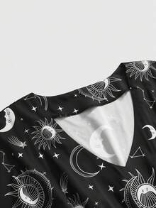 ROMWE Gothic Sun Moon Star Print Loose Plus Size Dress - Black - View 3