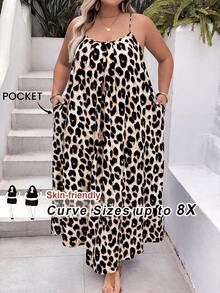 SHEIN CURVE+ 夏季大尺碼樹紋細肩帶露背度假風寬鬆舒適洋裝，適合度假與海灘 - 彩色 - 查看 3