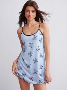 Elorette Butterfly Print Contrast Binding Lettuce Trim Cami Pajama Nightdress - Baby Blue - View 1