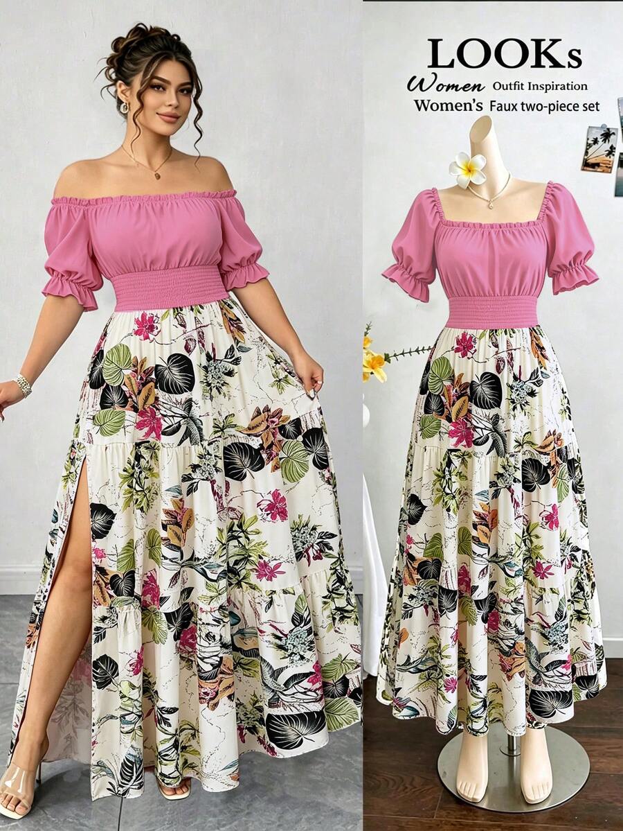 SHEIN Elenzya Gaun Wanita Ukuran Besar Musim Semi/Panas Warna Hijau Polos Motif Bunga Patchwork 2 in 1, Pinggang Berkerut, Lengan Mengembang, Bahu Terbuka, Gaun Maxi Kasual Elegan untuk Liburan Pantai dan Klub dengan Belahan di Bagian Bawah - Berwarna merah muda - View 1