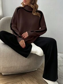 EURMUSE WOMEN ECRU HIGH NECK KNIT SWEATER & WIDE LEG PANTS SET WITH BLACK PIPING DETAILS - Brown - View 7
