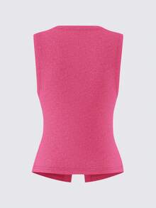 SHEIN BASICS 休閒素色針織圓領無袖修身開襟女款背心 - 玫紅色 - 查看 4