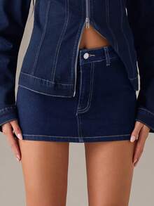 SHEIN BAE 女款時尚百搭鈕扣牛仔迷你裙 - 深色水洗藍 - 查看 6