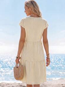 SHEIN LUNE Pink And White Striped Base Striped Print Casual Tropical Minimalist Loose Round Neck Short Sleeve Mid-Length Women's Dress Beach Vacation Summer - Multicolor - View 2