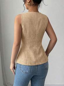 SHEIN Raffinéa 女款V領修身前襟金色玫瑰鈕扣裝飾外套背心 - 黃色 - 查看 2
