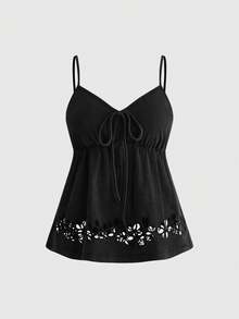 ROMWE Fairycore Plus Size Summer Casual Solid Color Hollow Embroidery Camisole - Black - View 1