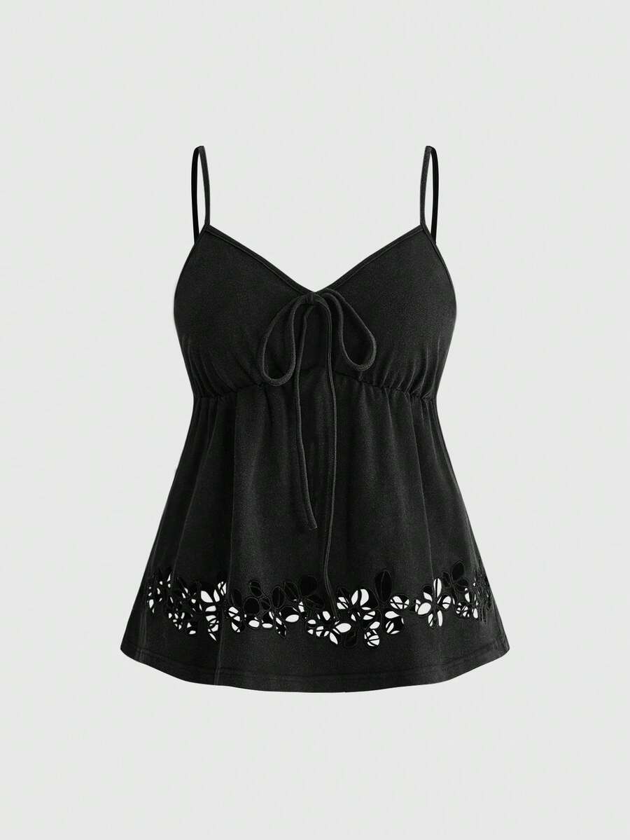 ROMWE Fairycore Plus Size Summer Casual Solid Color Hollow Embroidery Camisole - Black - View 1