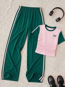 Tween Girls Bowknot Contrast Color Patchwork Bowknot Print T-Shirt And Long Pants Knit 2 Pieces Set Casual Daily Fashion Versatile - Multicolor - View 2